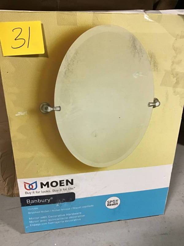 lot 31 image: MOEN Banbury 26 in. x 23 in. Frameless Pivoting Wall Mirror in Brushed Nickel not used
