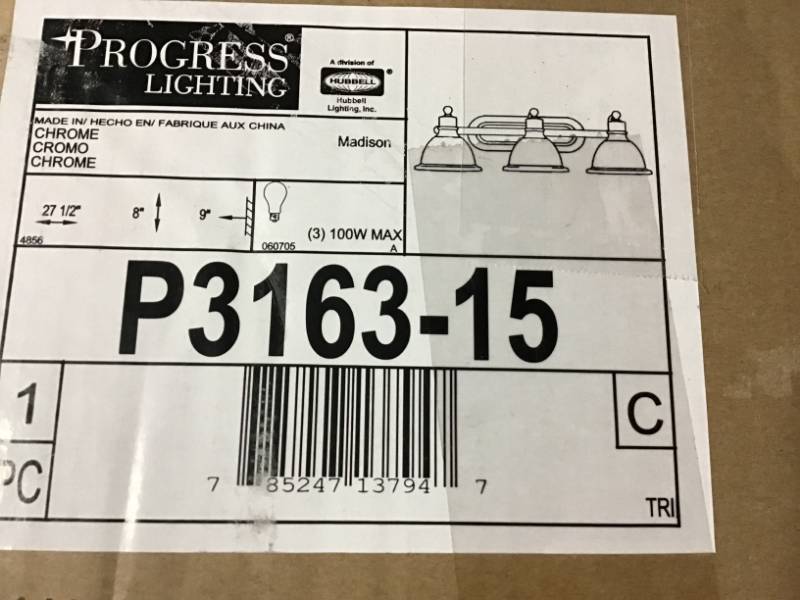 lot 36 image: Progress Lighting Madison Collection 3-Light Polished Chrome Bathroom Vanity Light with Glass Shades not used