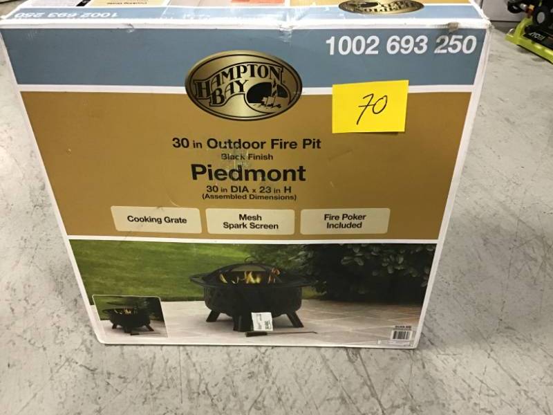 lot 70 image: Hampton Bay Piedmont 30 in. Steel Fire Pit in Black with Poker open box in like new condition