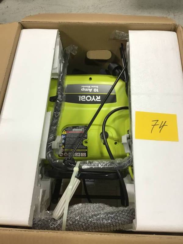 lot 74 image: Ryobi 16 in. 10-Amp Corded Electric Snow Blower in like new condition