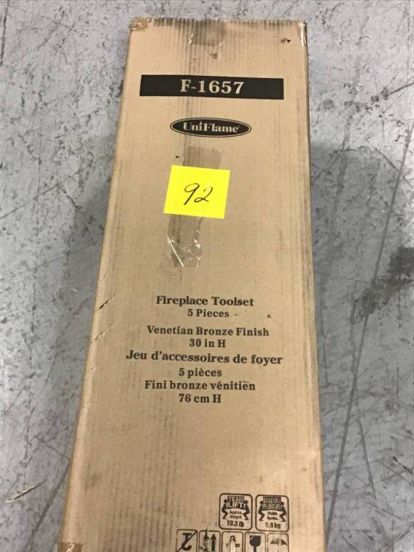 lot 92 image: UniFlame Venetian Bronze 5-Piece Fireplace Tool Set with Heavy Crook Handles open box in like new condition
