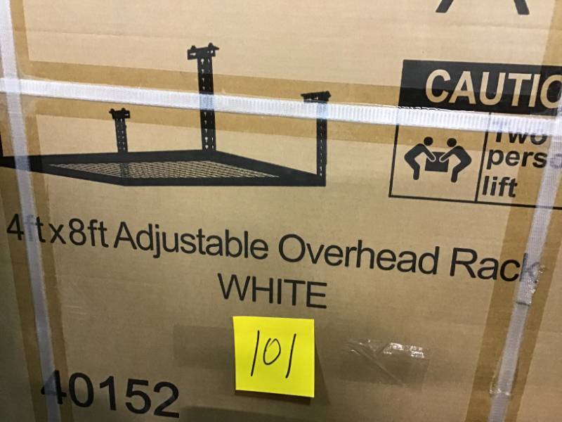 lot 101 image: LOT OF 2 NewAge Products Performance 96 in. L x 48 in. W x 42 in. H Adjustable VersaRac Ceiling Storage Rack in White not used