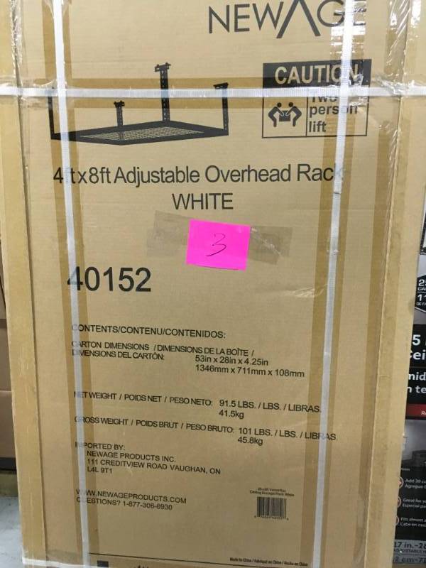 lot 3 image: NewAge Products Performance 96 in. L x 48 in. W x 42 in. H Adjustable VersaRac Ceiling Storage Rack in White never used