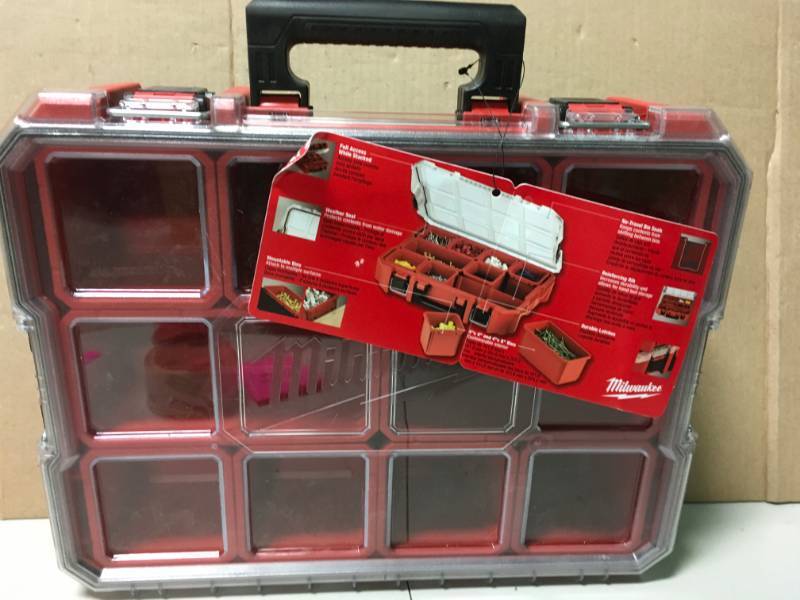 lot 10 image: Milwaukee 10-Compartment Red Deep Pro Small Parts Organizer open box in like new condition