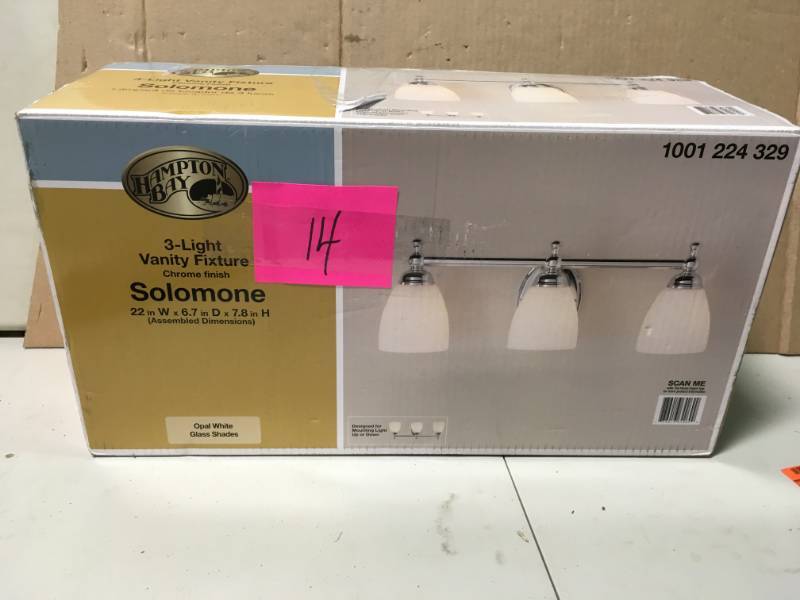 lot 14 image: Hampton Bay Solomone 3-Light Polished Chrome Vanity Light with Opal Glass Shades open box in like new condition
