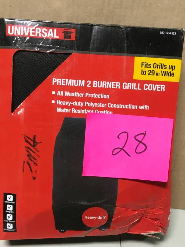 lot 28 image: Premium 2-Burner Gas Grill Cover open box in like new condition