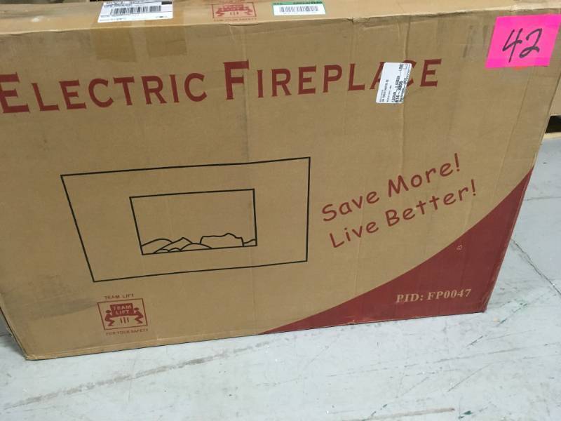 lot 42 image: AKDY 36 in. Wall Mount Electric Fireplace Heater in Black with Tempered Glass, Pebbles, Logs open box in like new condition
