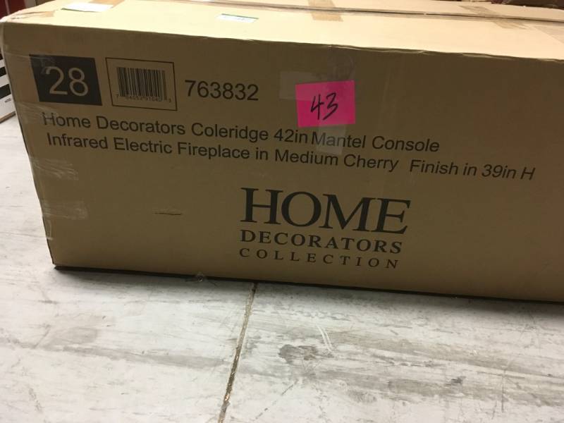 lot 43 image: Home Decorators Collection Coleridge 42 in. Mantel Console Infrared Electric Fireplace in Medium Cherry Finish in 39 in. H open box in like new condition