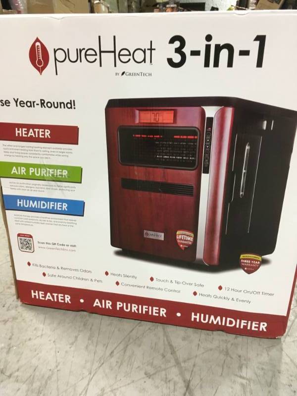 lot 52 image: GreenTech Environmental 1,500-Watt Positive Thermal Coefficient Portable Heater with Air Purifier, Humidifier open box in like new condition