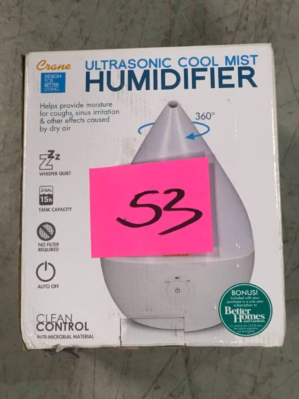 lot 53 image: Crane Droplet 0.5 Gal. Ultrasonic Cool Mist Humidifier - White open box in like new condition