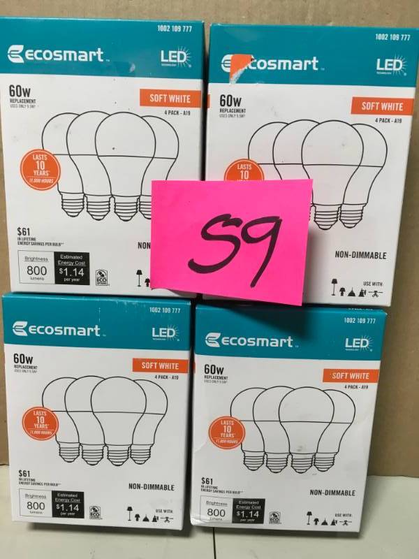 lot 59 image: EcoSmart 60-Watt Equivalent A19 Non-Dimmable LED Light Bulb Soft White (4-Pack) QTY 4 open box in like new condition