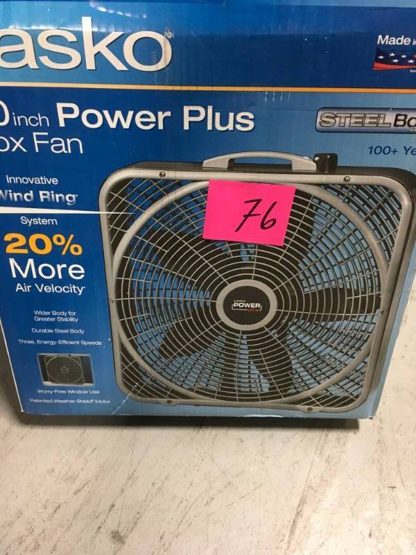 lot 76 image: Lasko 20 in. Power Plus Box Fan not used