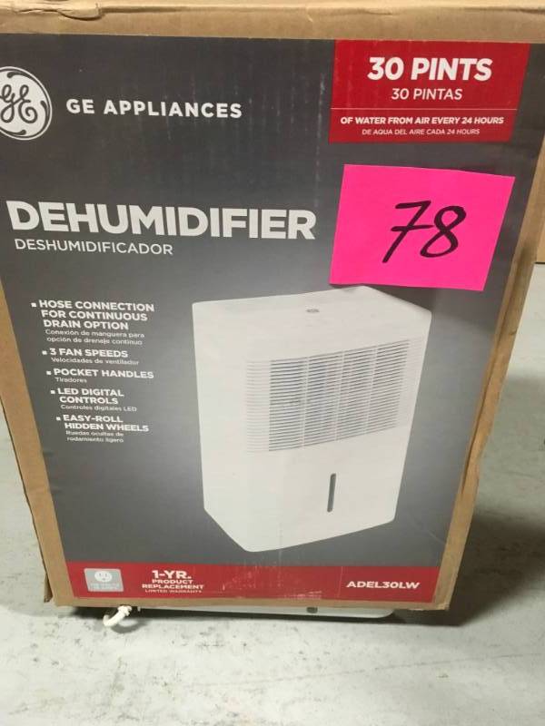 lot 78 image: GE 30 pt. Dehumidifier open box in like new condition