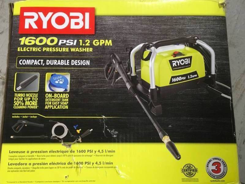 lot 80 image: Ryobi 1,600 PSI 1.2 GPM Electric Pressure Washer open box in like new condition