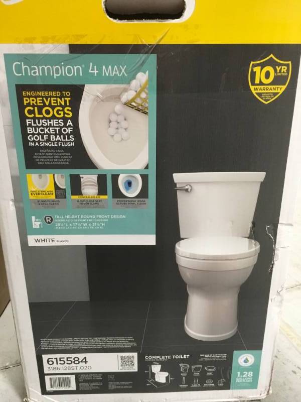 lot 82 image: American Standard Champion 4 Max Tall Height Two-Piece 1.28 GPF Single Flush Round Front Toilet in White with Slow Close Seat open box in like new condition