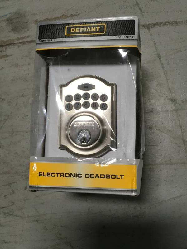 lot 93 image: Defiant Single Cylinder Satin Nickel Castle Electronic Keypad Deadbolt open box in like new condition