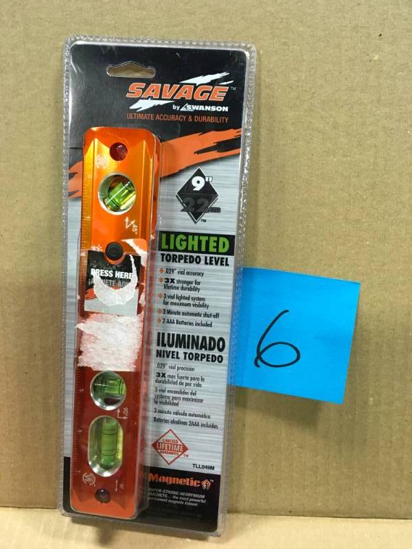 lot 6 image: Savage 9 in. Lightning Lighted Magnetic Torpedo Level not used