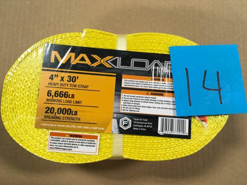 lot 14 image: Max Load 4 in. x 30 ft. x 20,000 lbs. Vehicle Recovery Tow Strap open box in like new condition