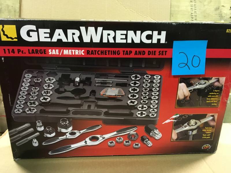 lot 20 image: GearWrench 82812 114 Piece Large Combination Tap and Die Set open box in like new condition