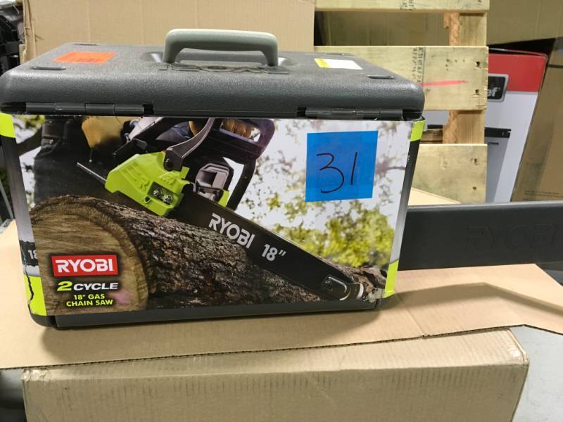 lot 31 image: Ryobi 18 in. 38cc 2-Cycle Gas Chainsaw with Heavy Duty Case open box in like new condition