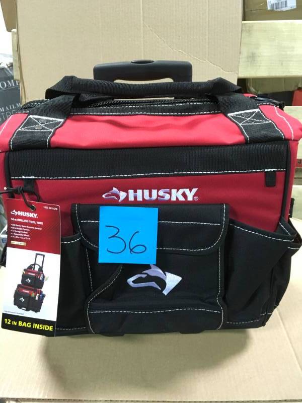 lot 36 image: Husky 14 in. Rolling Tool Tote with Bonus 12 in. Bag in like new condition