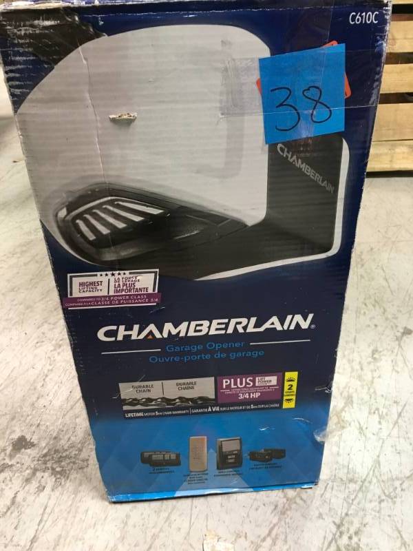 lot 38 image: Chamberlain 34 HP Durable Chain Drive Garage Door Opener open box in like new condition