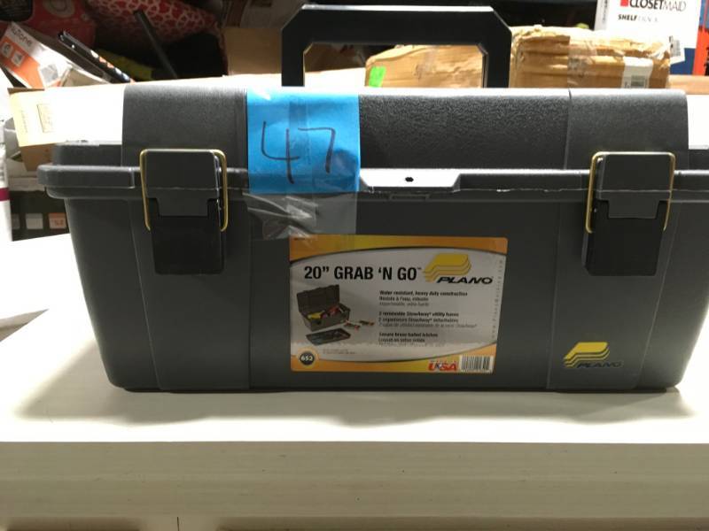 lot 47 image: Plano Grab N Go 20 in. Tool Box with Tray open box in like new condition
