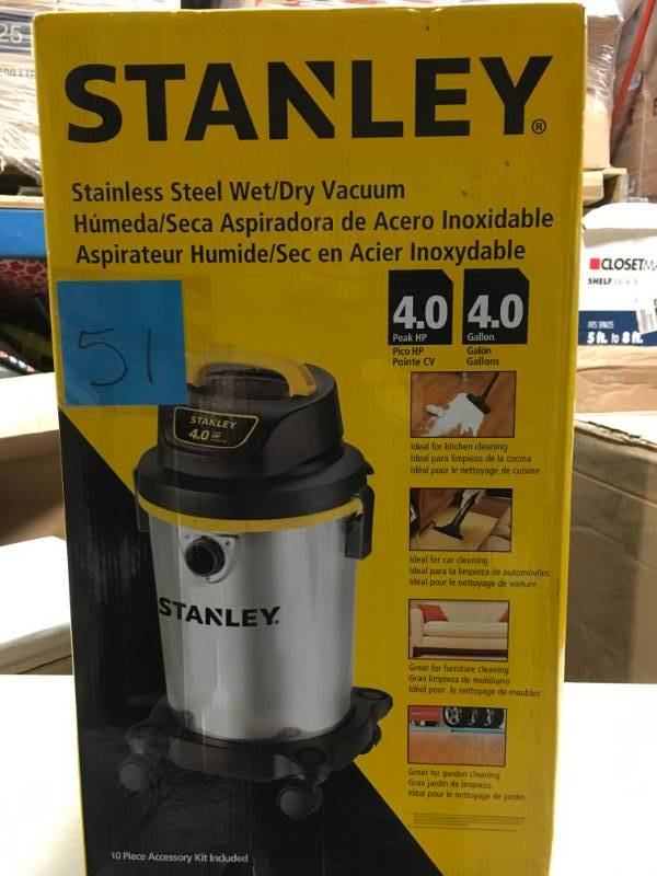 lot 51 image: Stanley 4 Gal. Stainless Steel WetDry Vacuum open box in like new condition