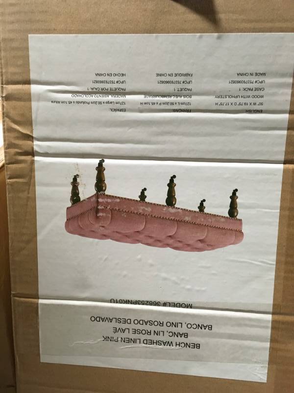 lot 60 image: Linon Home Decor Isabelle Washed Pink Bench open box in like new condition