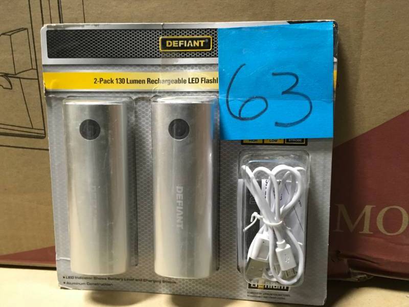 lot 63 image: Defiant 130 Lumen 3 LED Rechargeable Flashlight and Power Bank in Silver (2-Pack) not used