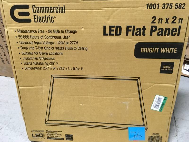lot 76 image: Commercial Electric 2 ft. x 2 ft. 47-Watt White Integrated LED Edge-Lit Flat Panel T-Bar Grid Troffer RecessedFlushmount not used