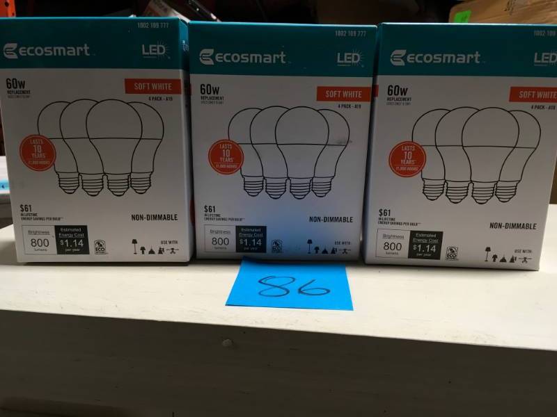 lot 86 image: EcoSmart 60-Watt Equivalent A19 Non-Dimmable LED Light Bulb Soft White (4-Pack) QTY 3 not used