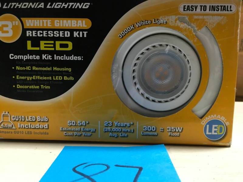 lot 87 image: Lithonia Lighting 3 in. Matte White Recessed LED Gimbal Lighting Kit not used
