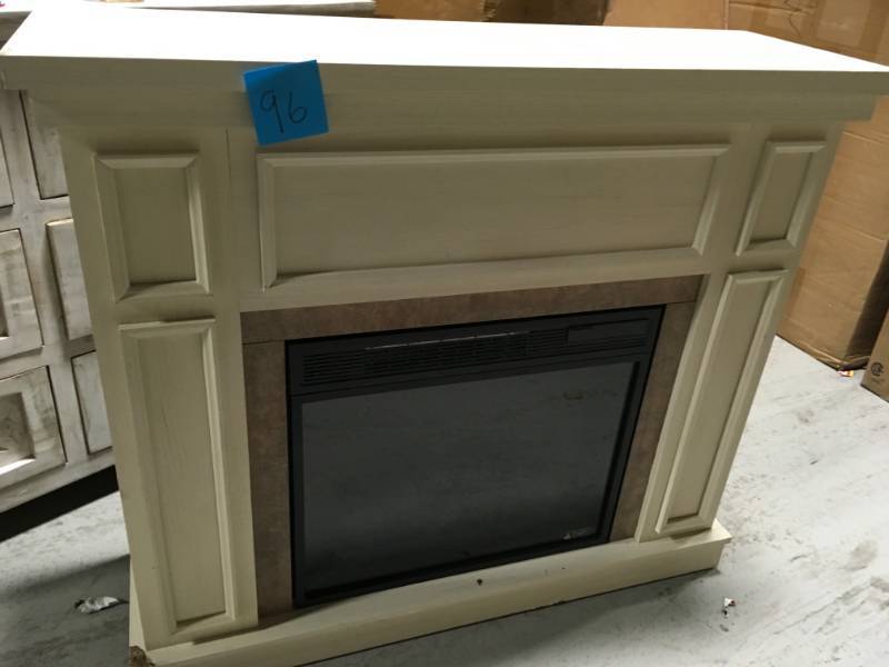 lot 96 image: Home Decorators Collection Granville 43 in. Convertible Mantel Electric Fireplace in Antique White with Faux Stone  surround in fair condition