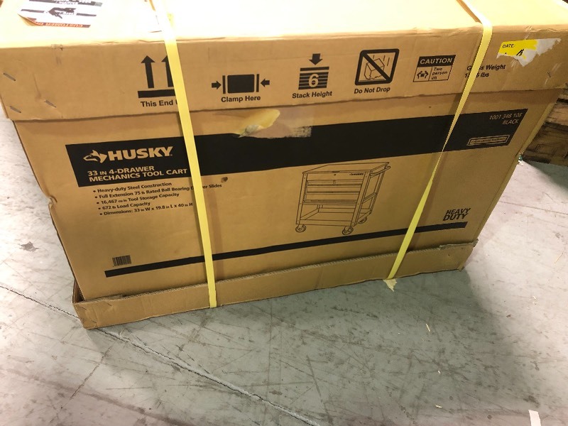 lot 104 image: Husky  33 in. 4-Drawer Mechanics Tool Utility Cart in Black not used
