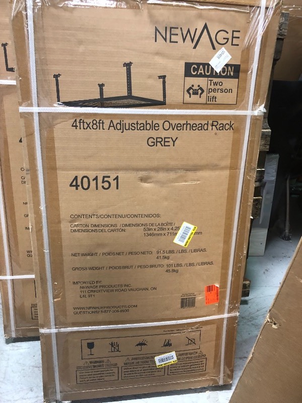 lot 107 image: Lot of 2 NewAge Products  Performance 96 in. L x 48 in. W x 42 in. H Adjustable VersaRac Ceiling Storage Rack in Gray not used