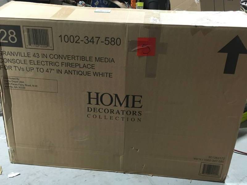 lot 5 image: Home Decorators Collection Granville 43 in. Convertible Mantel Electric Fireplace in Antique White with Faux Stone Surround open box in like new condition