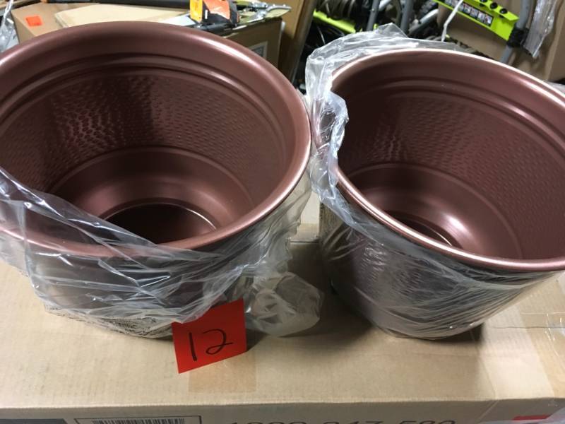 lot 12 image: 12 in. Warm Copper Plastic Bella Planter QTY 3 open box in like new condition