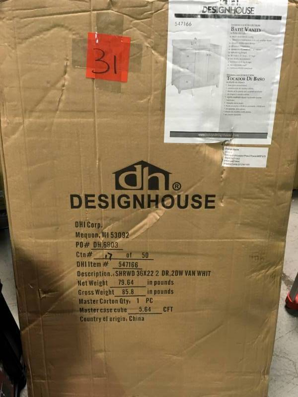 lot 31 image: Design House Ready to Assemble 36 in. x 21 in. x 33 in. Shorewood Shaker Style 2-Door 2-Drawer Vanity Cabinet in Semi-Gloss White in like new condition