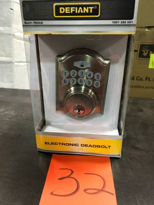 lot 32 image: Defiant Single Cylinder Satin Nickel Castle Electronic Keypad Deadbolt open box in like new condition
