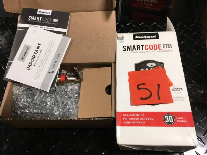 lot 51 image: Kwikset Z-Wave SmartCode 914 Satin Nickel Single Cylinder Electronic Deadbolt Featuring SmartKey  open box in like new condition