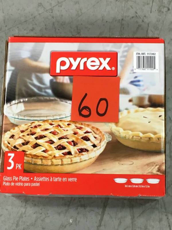 lot 60 image: Pyrex Glass 3 PK Pie Plates Set 9.5 x 1.5 Oven Microwave Freezer Safe new