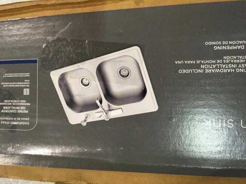lot 61 image: Glacier Bay All-in-One Drop-In Stainless Steel 33 in. 4-Hole Double Bowl Kitchen Sink not used