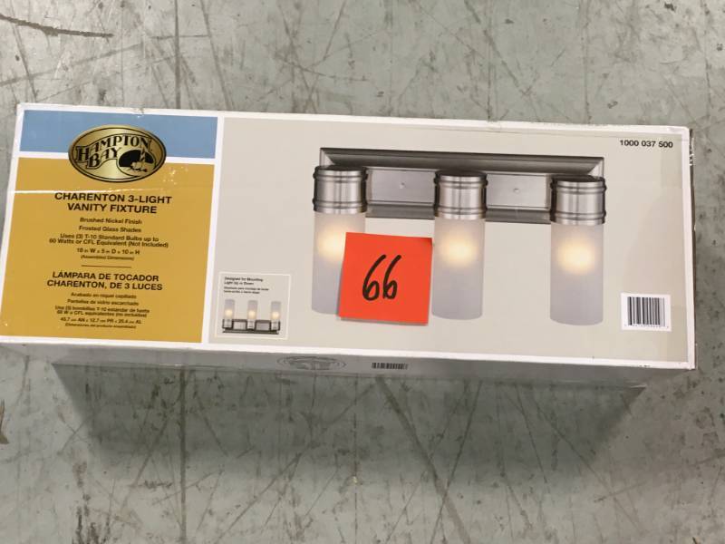 lot 66 image: 3-Light Brushed Nickel Wall Vanity Fixture not used