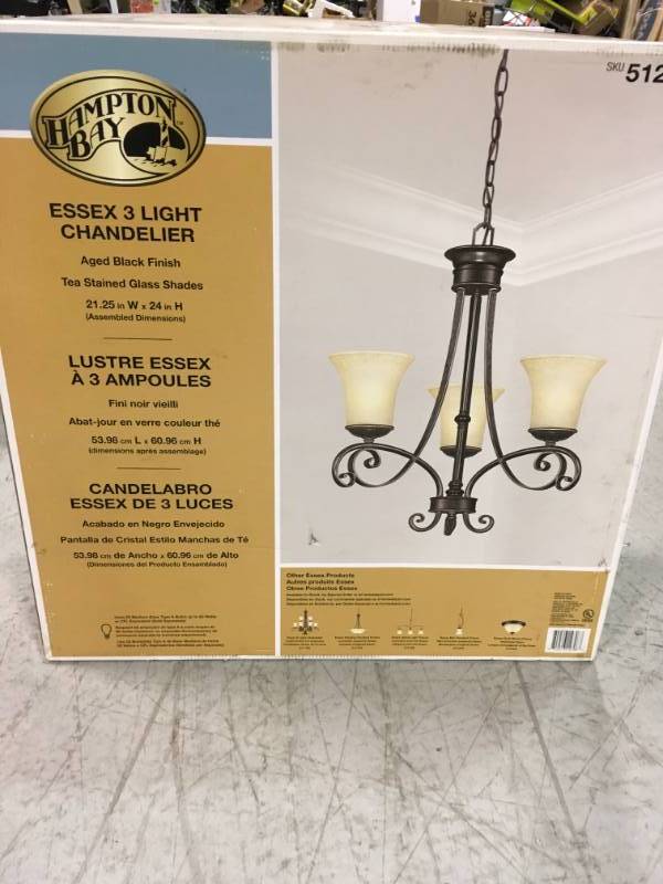 lot 69 image: Hampton Bay Essex 3-Light Aged Black Chandelier with Tea Stained Glass Shades not used