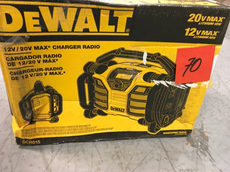 lot 70 image: DEWALT 12-Volt20-Volt Max Charger and Radio open box in like new condition