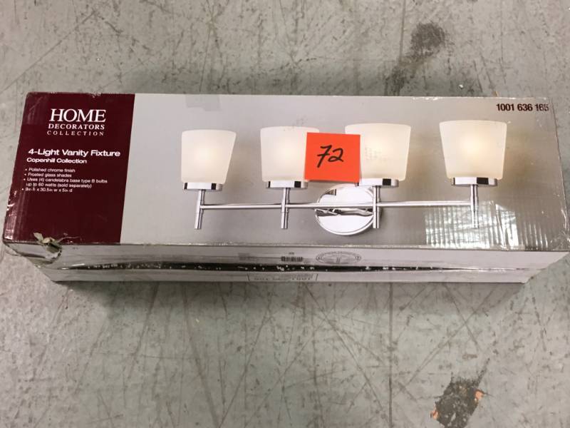 lot 72 image: Home Decorators Collection 4-Light Polished Chrome Vanity Light with Frosted Oval Glass Shades open box in like new condition