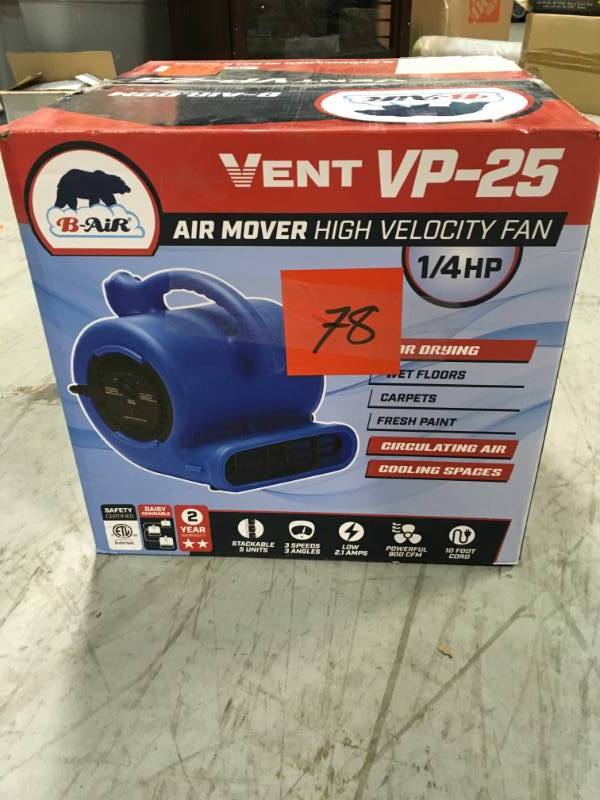lot 78 image: B-Air 14 HP Air Mover Blower Fan for Water Damage Restoration Carpet Dryer Floor Home and Plumbing Use in Blue not used