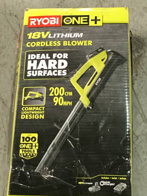 lot 80 image: Ryobi ONE 90 MPH 200 CFM 18-Volt Lithium-Ion Cordless Leaf Blower - 2.0 Ah Battery and Charger Included