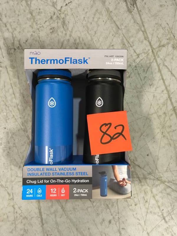 lot 82 image: ThermoFlask 24-Ounce Double Wall Vacuum Insulated Stainless Steel Water Bottles 2-Piece not used